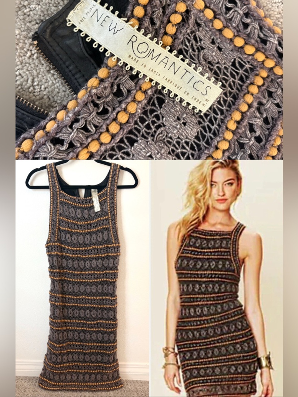 Free People New Romantics Boho Chic Festival Grey Crochet Dress with Leather Zip
